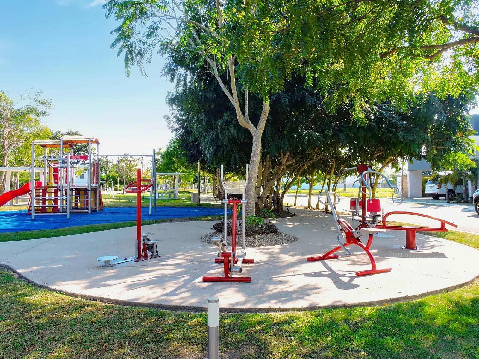 Gimnasio al aire libre a la sombra de los árboles